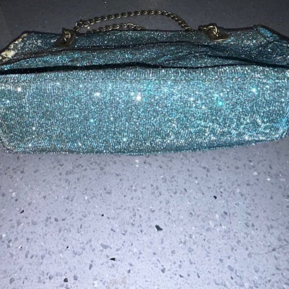 FLYING TOMATO ANTHROPOLOGIE Teal Shiny Sparkly Shoulder Bag Purse Cute! - Picture 7 of 8